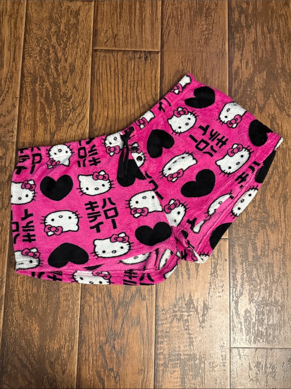 Hello Kitty Hot Pink Fleece Pajama Shorts with Black Hearts